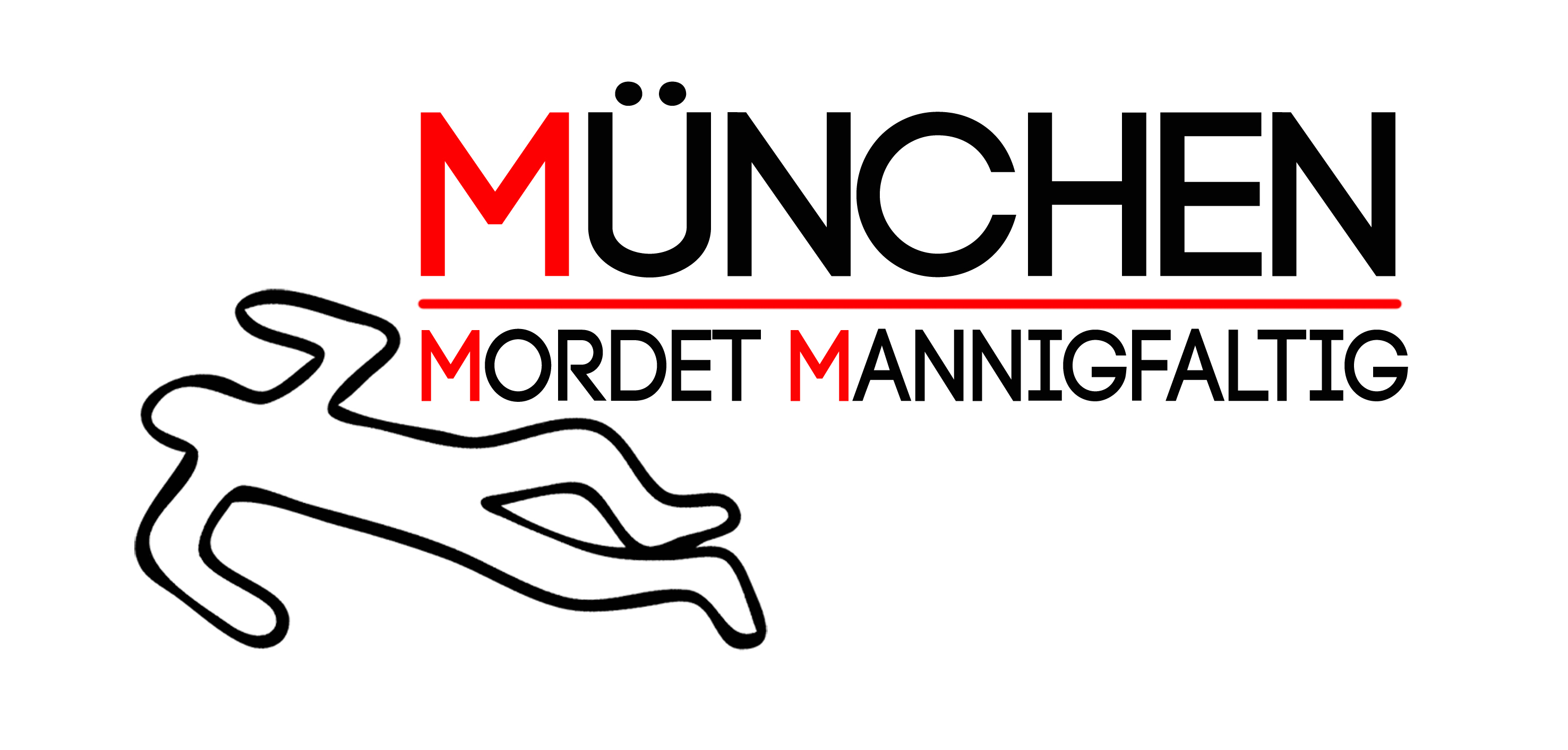 Logo der Vernstaltungsreihe MMM München Mordet Mannigfaltig. Schriftzug München Mordet Mannigfaltig und der Umriss einer Leiche